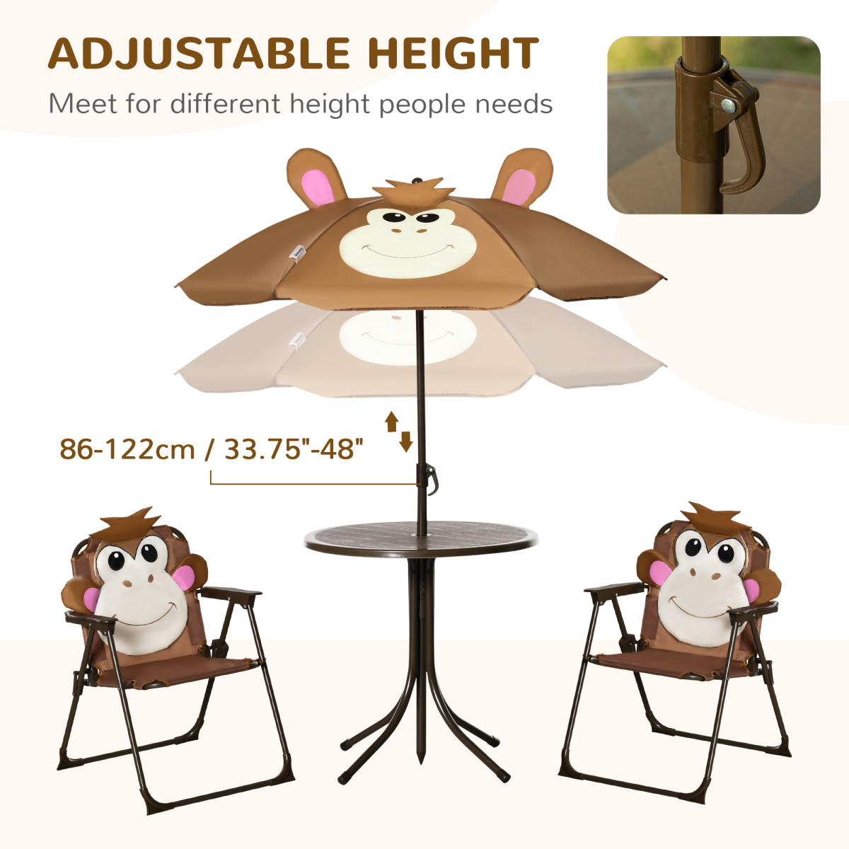 Outsunny Kids Foldable Four-Piece Garden Set with Round Table, 2 Fold-Out Chairs and Adjustable Umbrella, Monkey Design