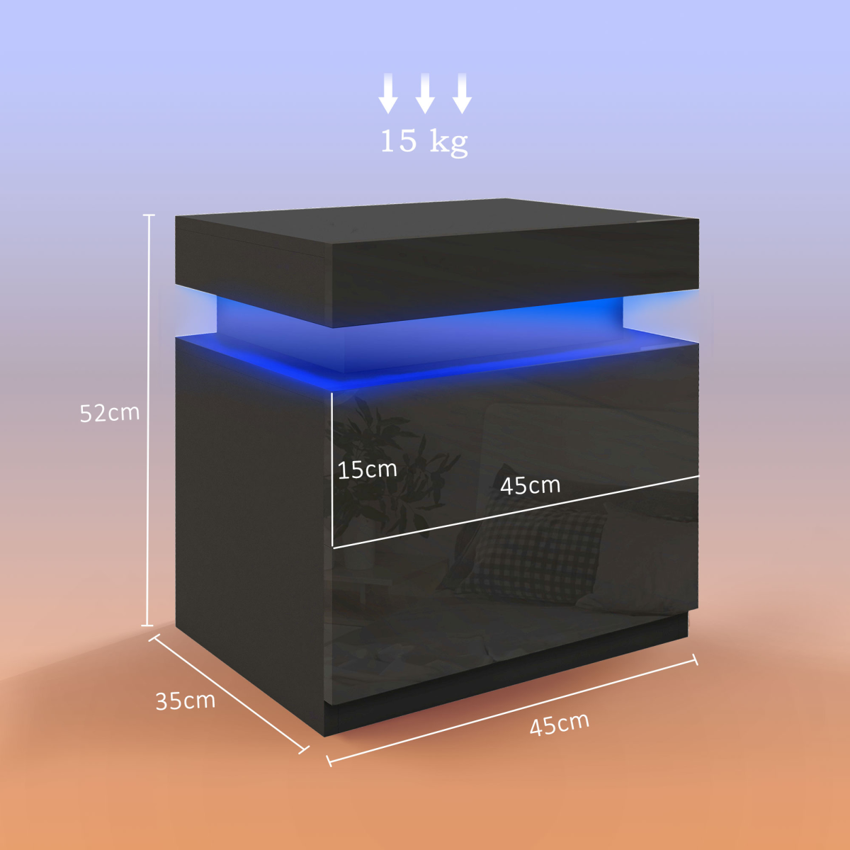 HOMCOM High Gloss LED Bedside Table with 2 Drawers, Black