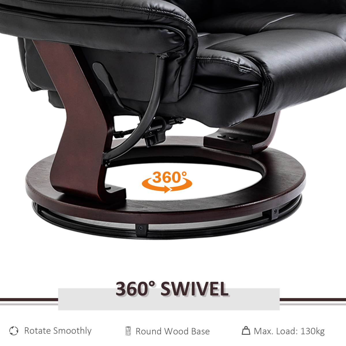 Swivel Manual Recliner and Footrest Set, PU Lounge Chair with Wooden Base, Black