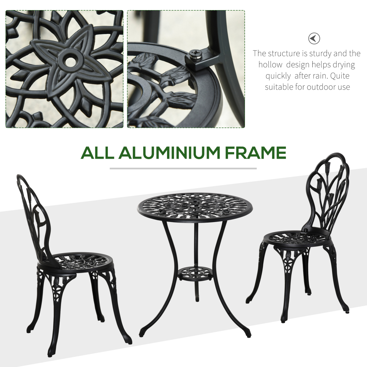 Outsunny 3 Piece Aluminium Bistro Set with Umbrella Hole, Black Garden Furniture