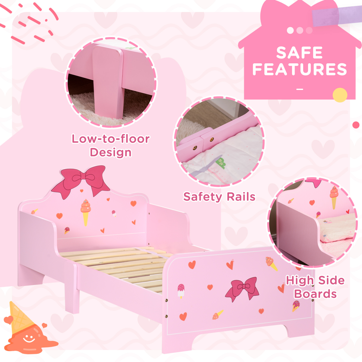 Pink Princess Toddler Bed with Safety Rails, Low Frame
