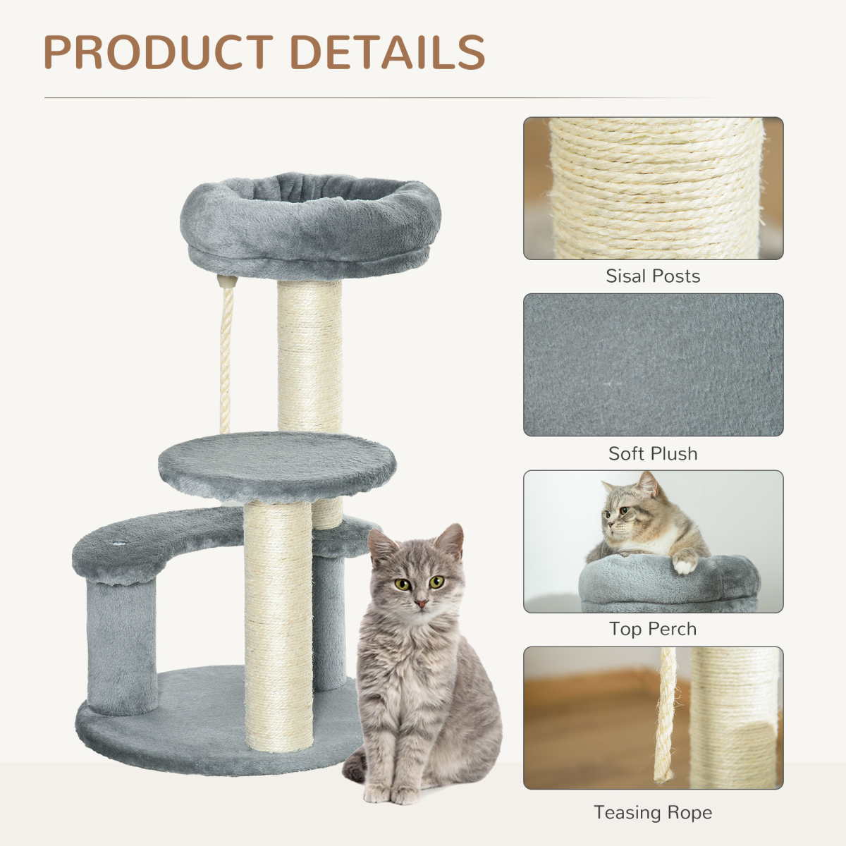PawHut Cat Tree Scratcher Activity Center with 2 Perches, Scratching Posts and Hanging Sisal Rope