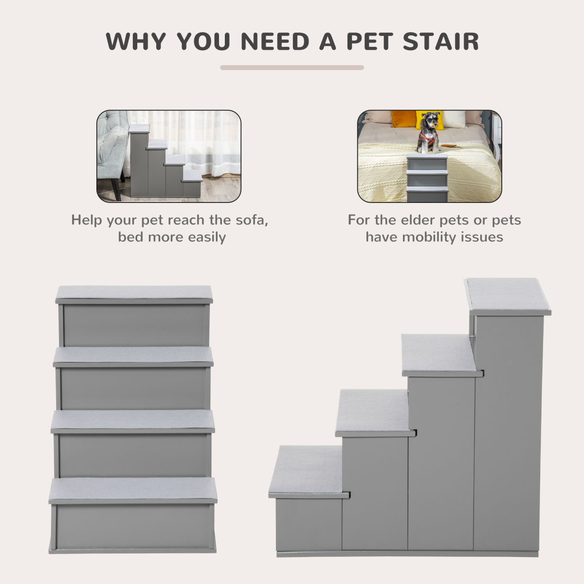 4 Step Wooden Pet Stairs for Dogs and Cats, Grey, for Bed and Couch