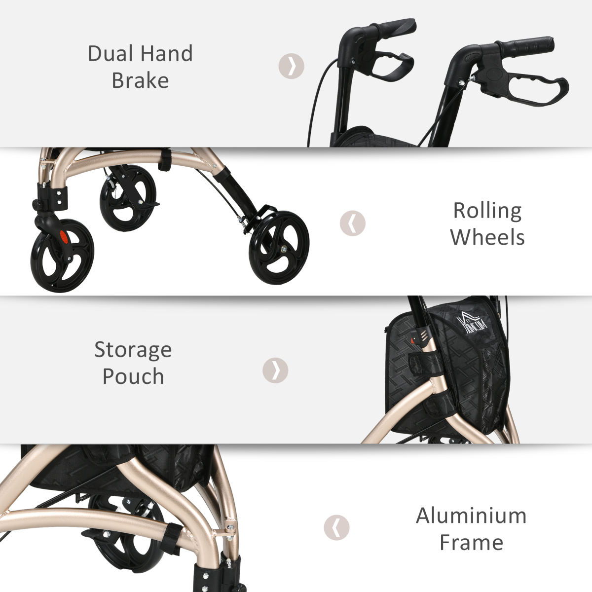 HOMCOM Aluminium 3-Wheel Folding Rollator with Adjustable Handle, Bag