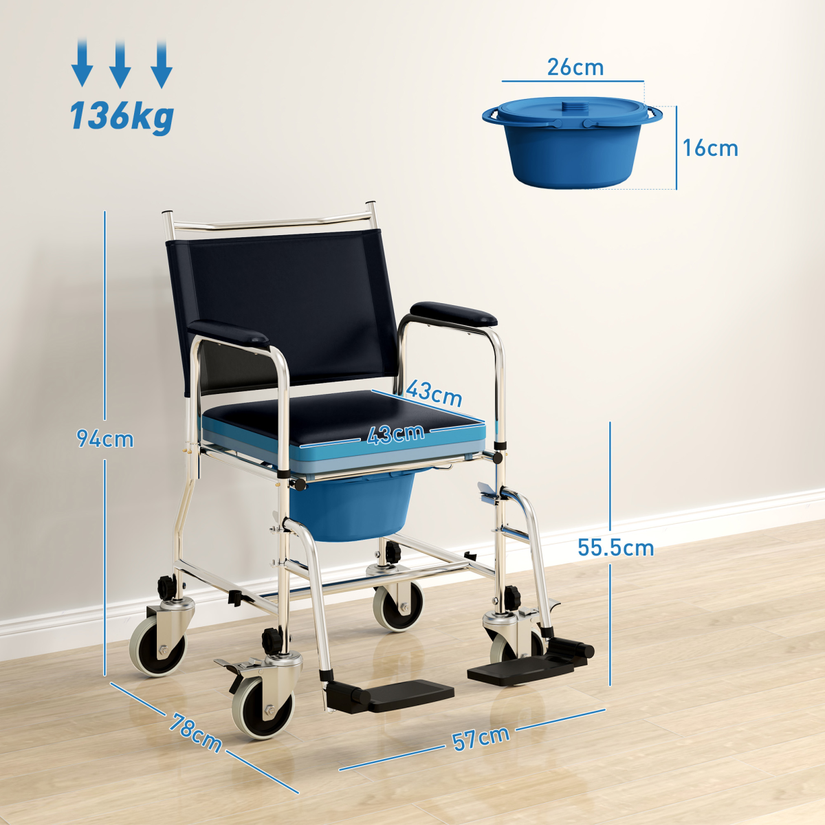HOMCOM 3-in-1 Commode Shower Chair Wheelchair with Wheels