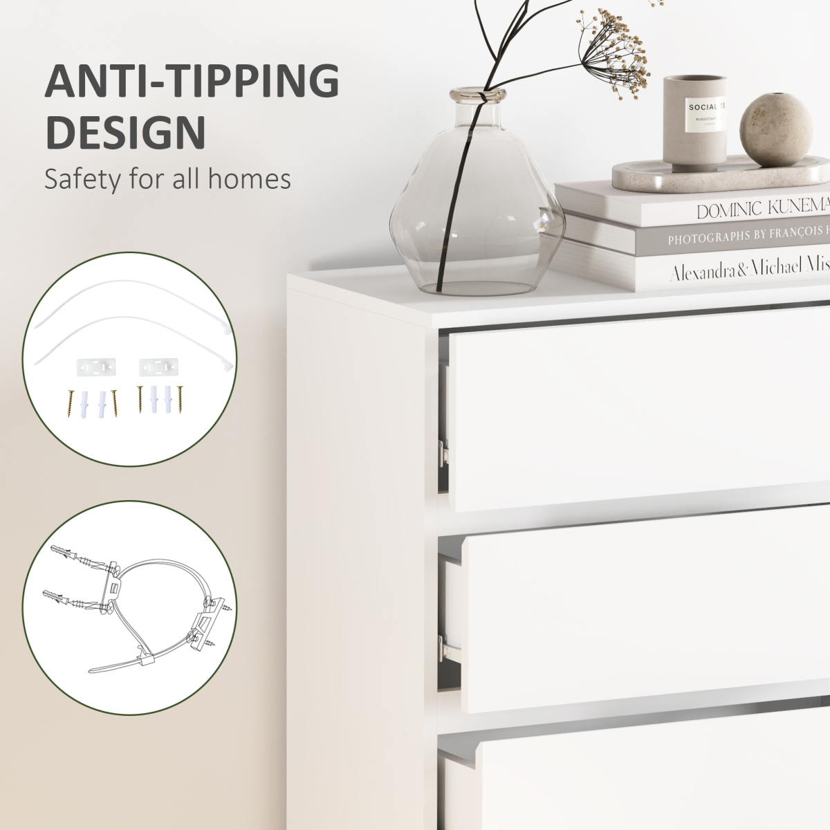 HOMCOM White 5-Drawer Bedroom Chest of Drawers, Handleless, Soft-Close