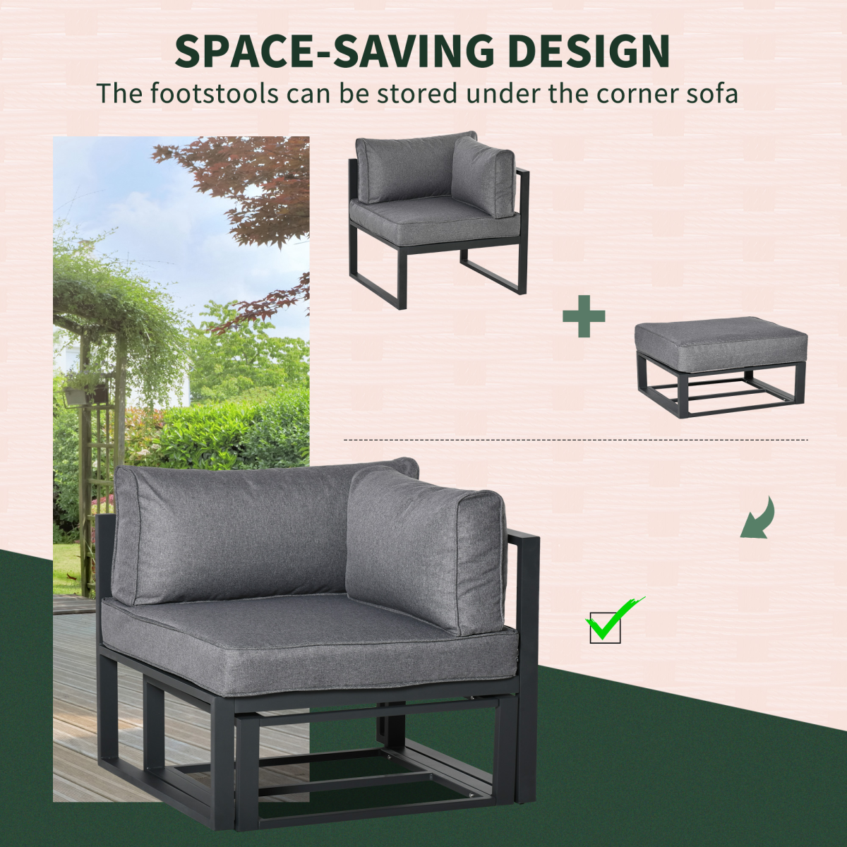 Outsunny 6 Piece Convertible Outdoor Daybed and Garden Sofa Set with Coffee Table, Footstools and Cushions, Grey