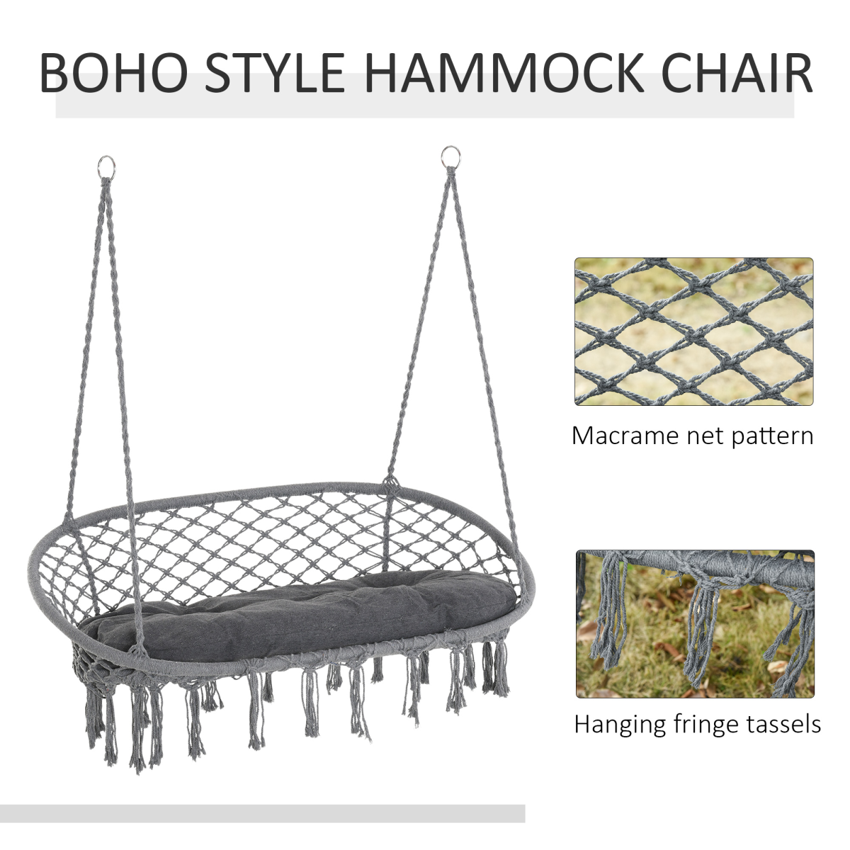 Outsunny Hanging Hammock Chair, Cotton Rope Swing with Solid Metal Frame, Large Macrame, Seat Cushion, Dark Grey