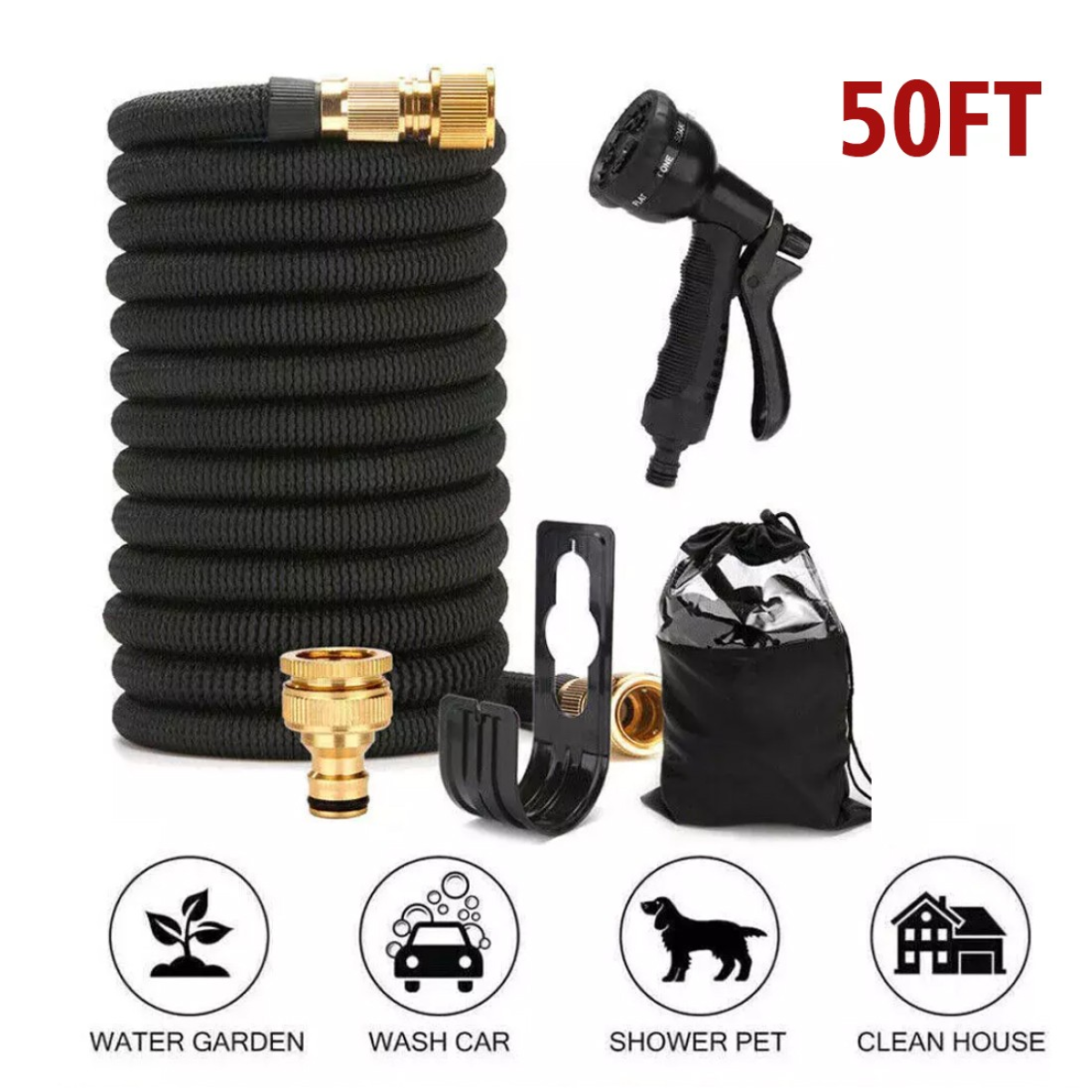 Heavy Duty 50FT Expandable Garden Hose Pipe Flexible With Water Spray Gun UK