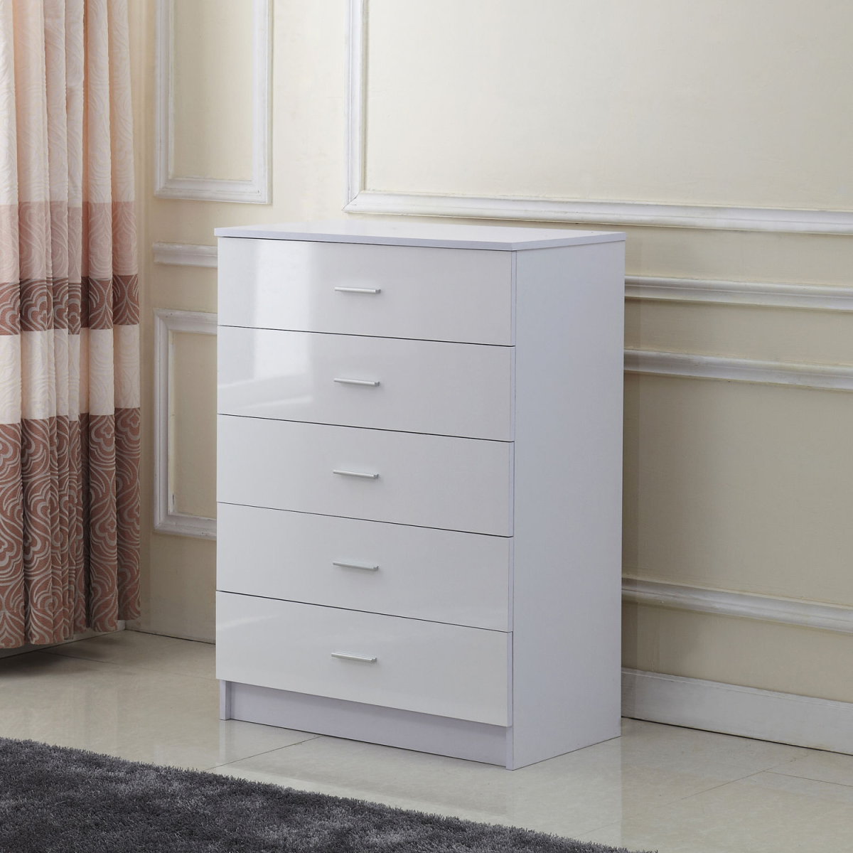 HOMCOM White High Gloss 3-Piece Bedroom Furniture Set with 2-Door Wardrobe, 5-Drawer Chest and 2-Drawer Bedside Table