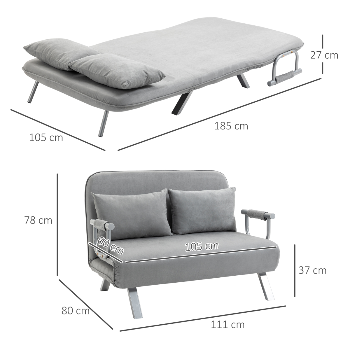 HOMCOM 2 Seater Fabric Sofa Bed with 2 Pillows, Light Grey