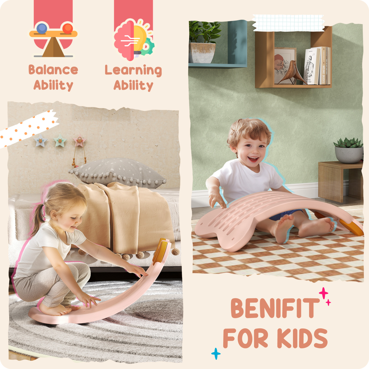 AIYAPLAY Kids Balance Board for Balance Training & Sensory Play, Pink