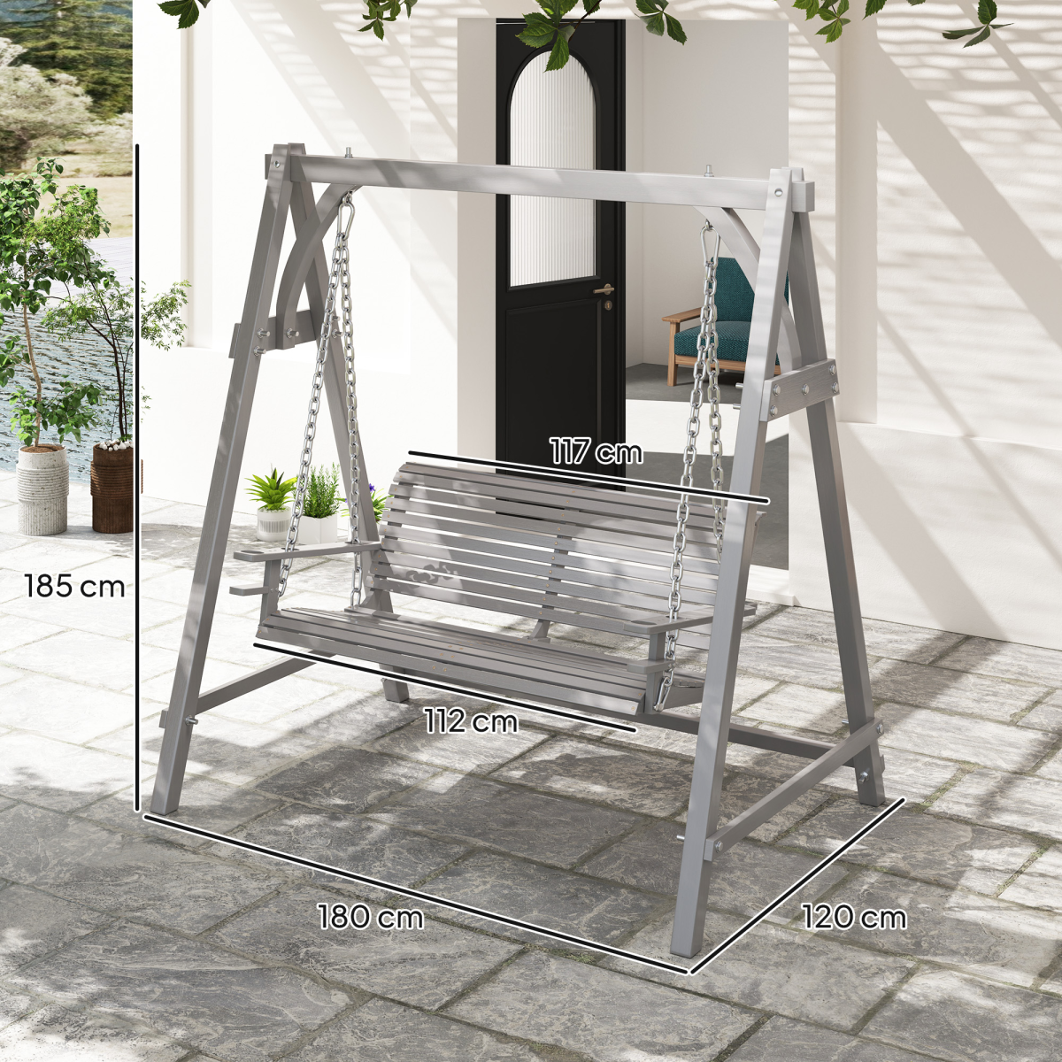 Outsunny 2 Seater Wooden Garden Swing Seat with Cup Trays, Grey