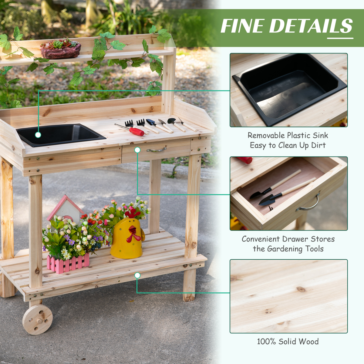Outsunny Wooden Potting Table with Removable Sink, Drawer, Shelves and 2 Wheels, 92 x 45 x 119cm