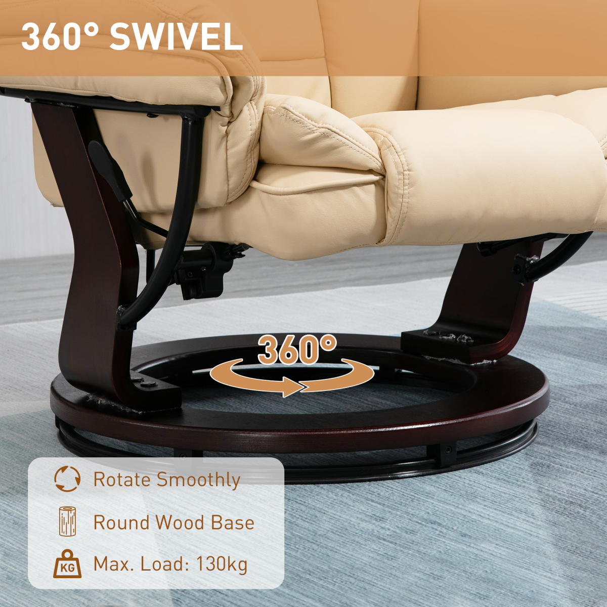 HOMCOM Beige PU Leather Swivel Manual Recliner Chair with Footrest