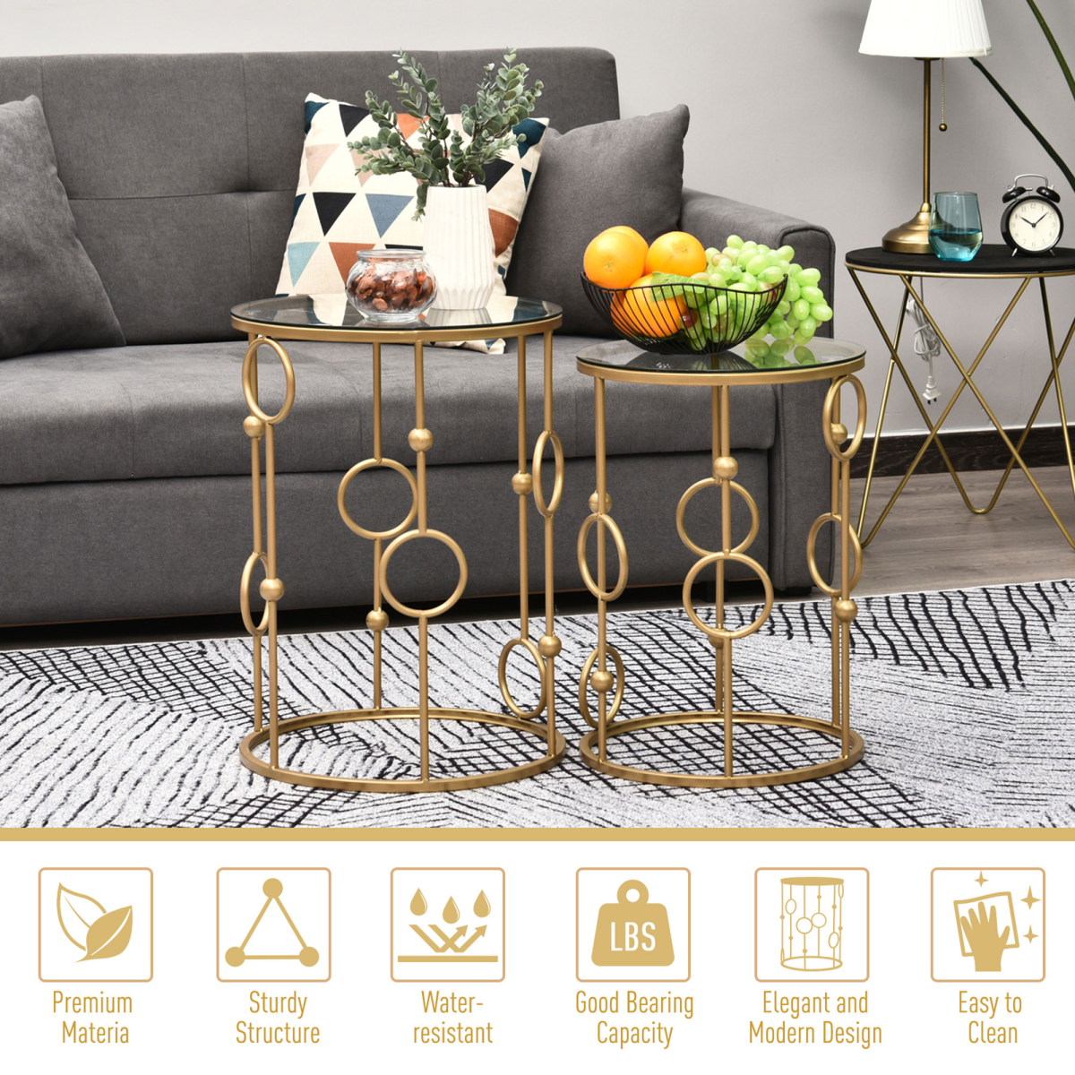 HOMCOM Set of 2 Gold Nesting Coffee Tables, Tempered Glass Top