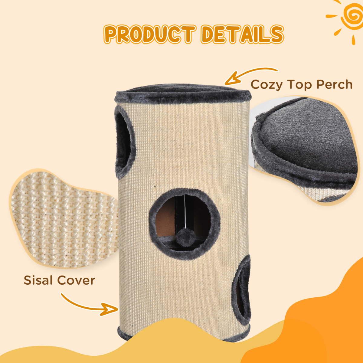 Cat Scratching Barrel Sisal Activity Center with 3 Dens and Observation Deck 70Hcm