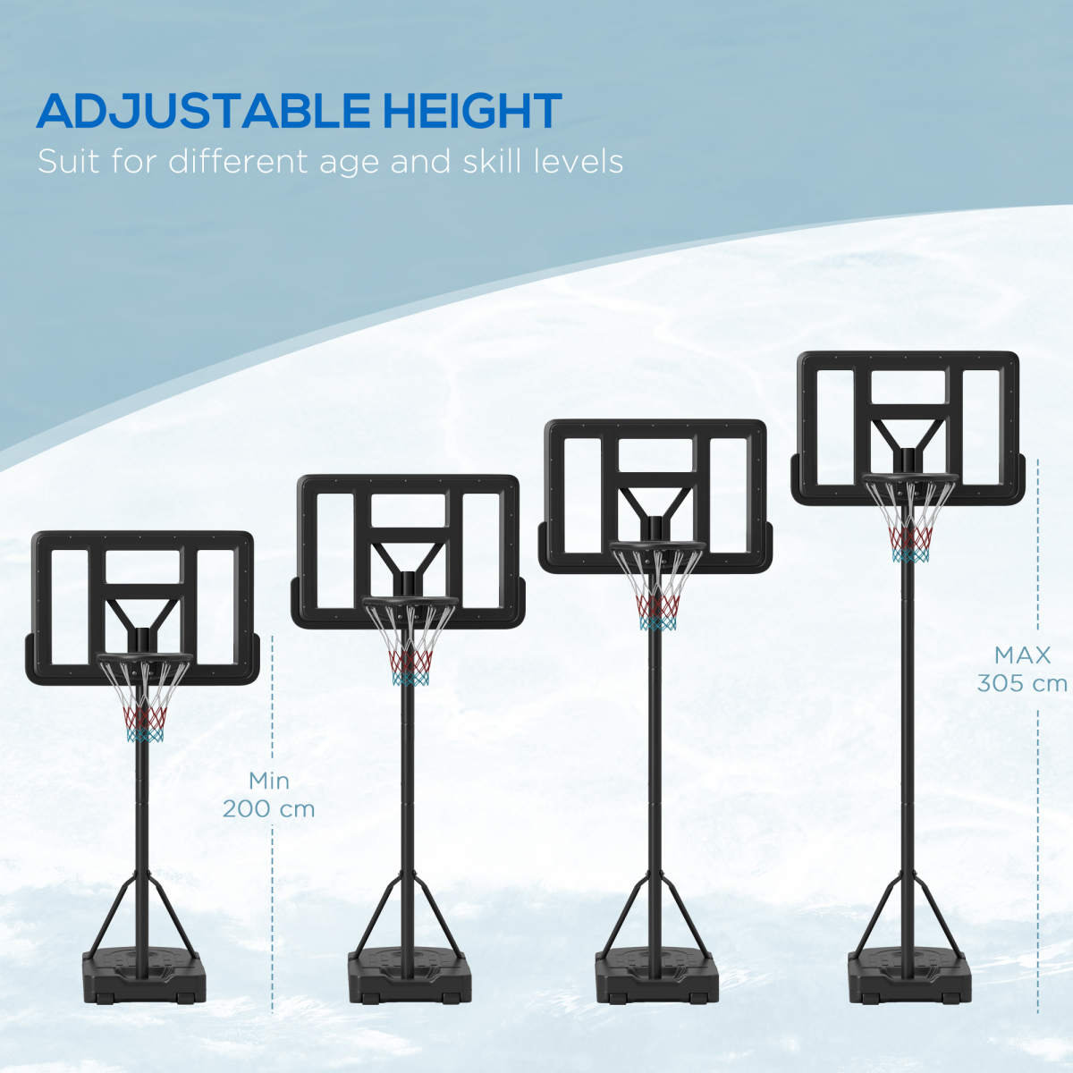 SPORTNOW Basketball Backboard Hoop Net Set with Wheels, 200-305cm, Black