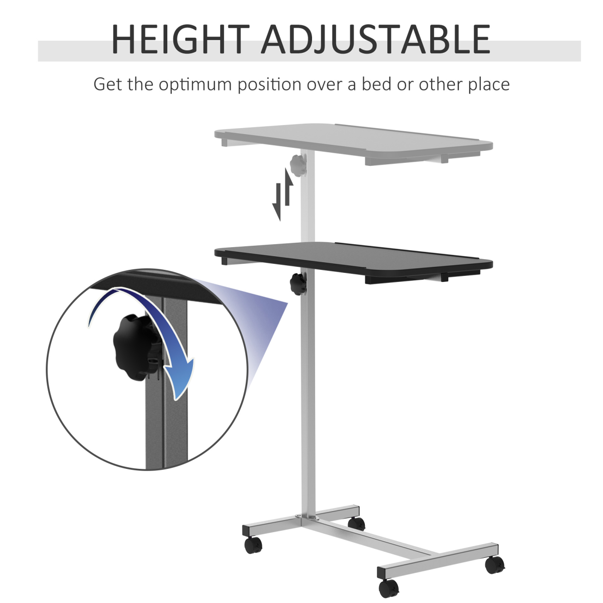 HOMCOM C-Shaped Mobile Sofa Bed Side Table with Adjustable Height, Casters and Locking Brakes