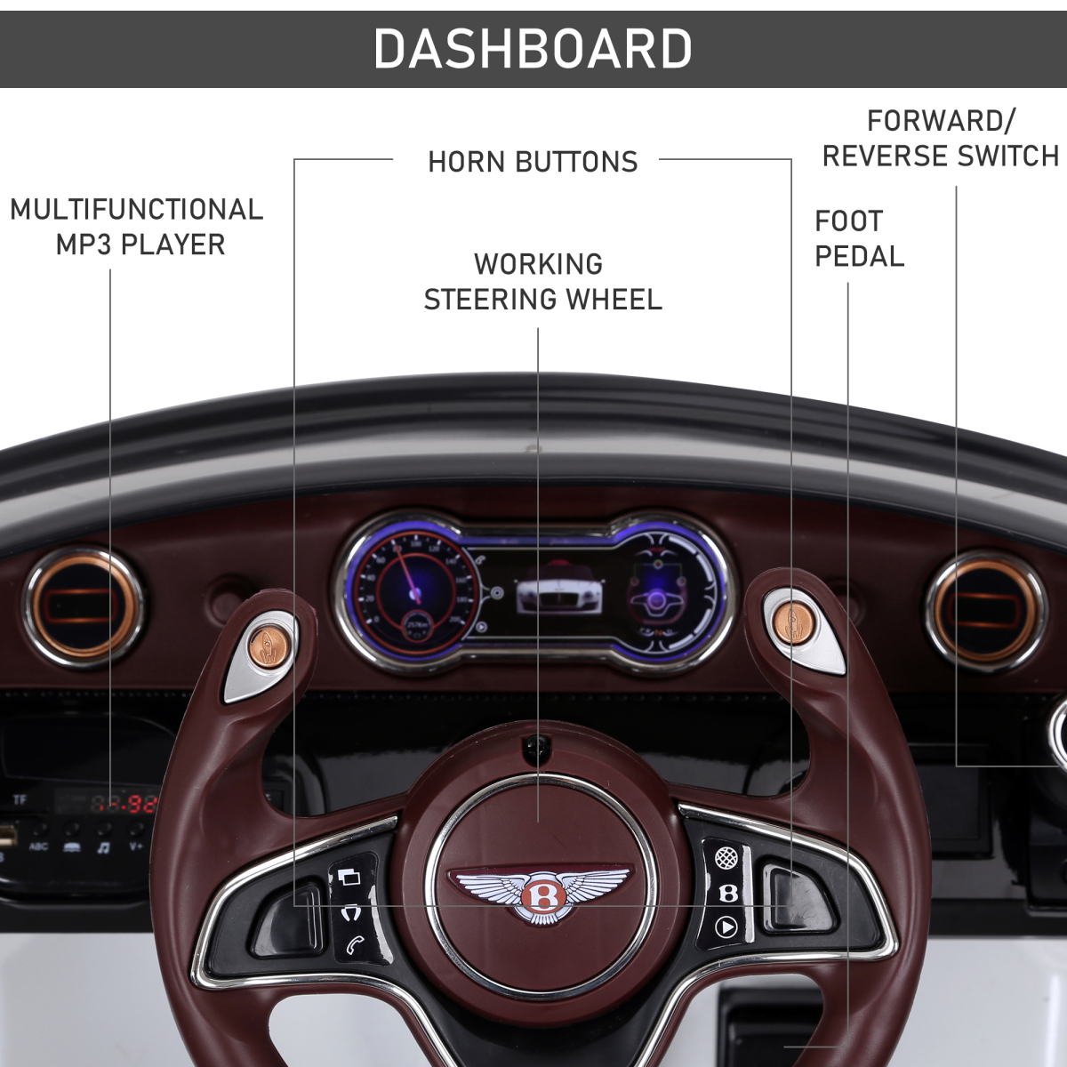 Bentley Style Electric Ride On Car with Twin Motors, Parental Remote Control, LED Lights, MP3 Player and Horn
