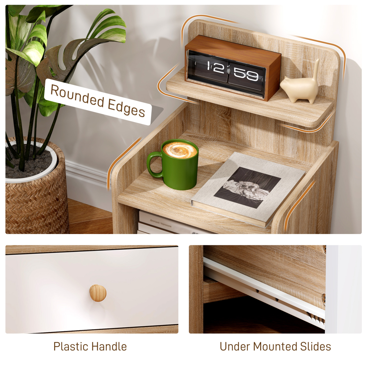 HOMCOM Bedside Table with Drawer and 3 Shelves, Natural Wood Effect