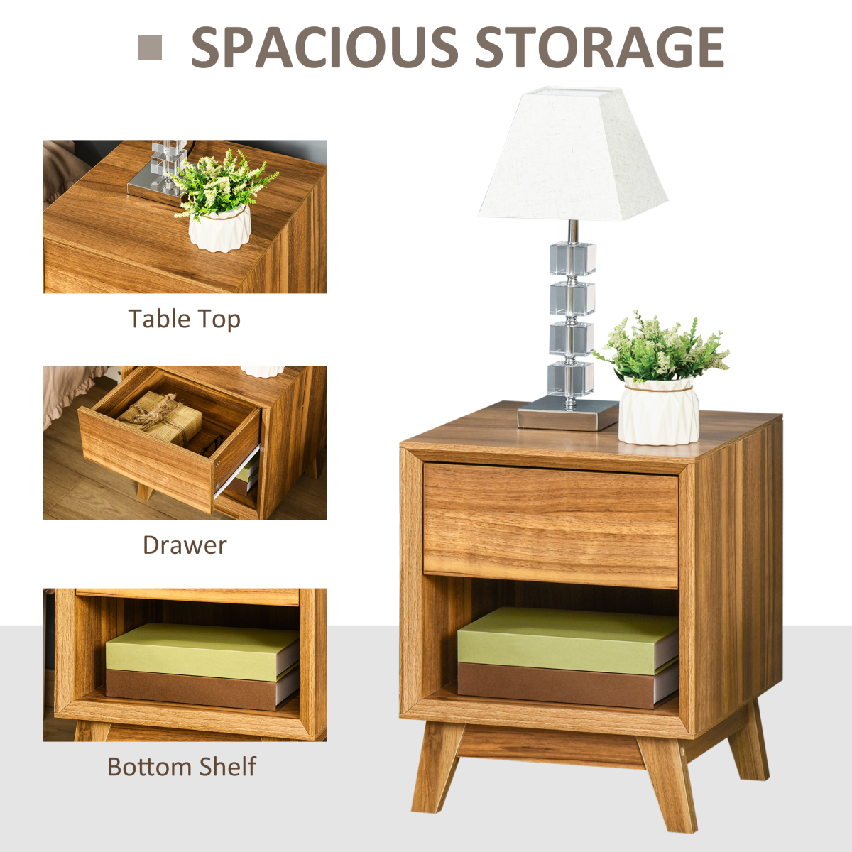 Bedside Table with Drawer and Shelf, Wood-Effect Side Table