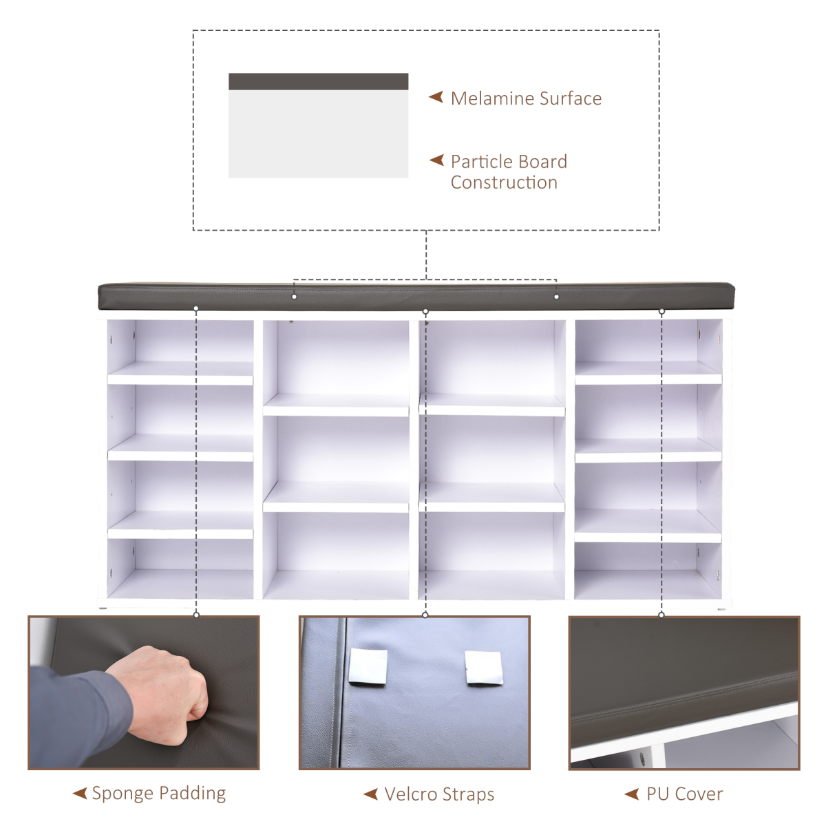 HOMCOM 14-Compartment Shoe Storage Bench with PU Leather Seat, Brown/White