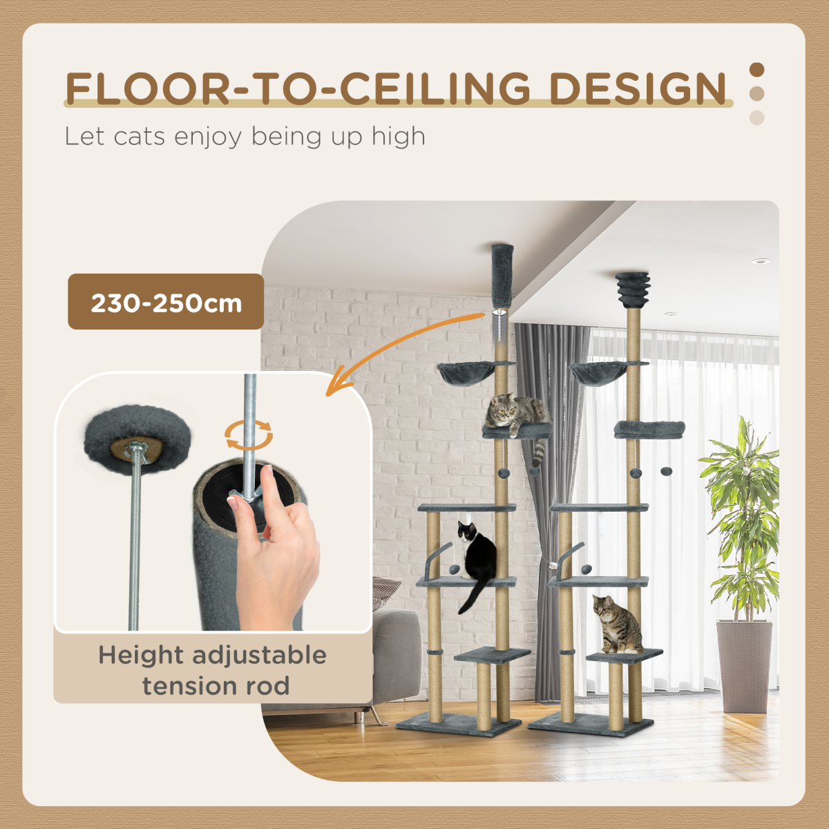 PawHut 6-Tier Floor-to-Ceiling Cat Tree with Bed, Hammock, Grey