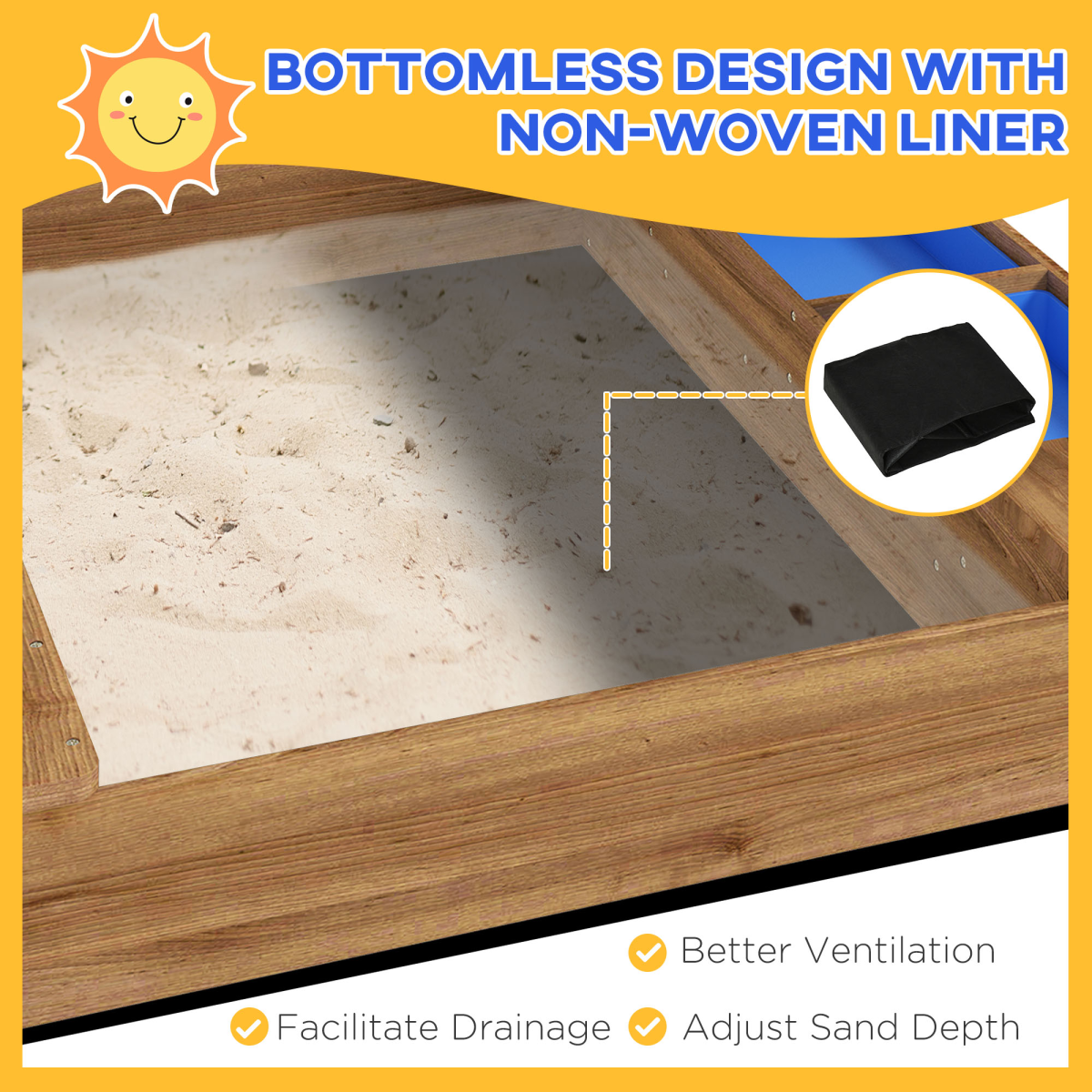 Outsunny Kids Wooden Sand Pit with Canopy, Blackboard, Sink, Seats and Toys
