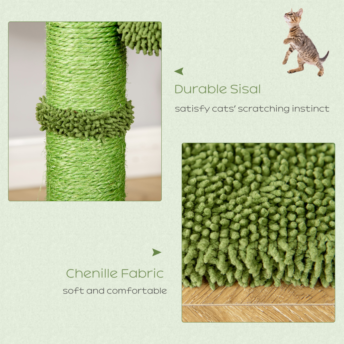Cactus Cat Tree for Indoor Cats w/ Scratching Post Hammock Bed Toy Ball - Green