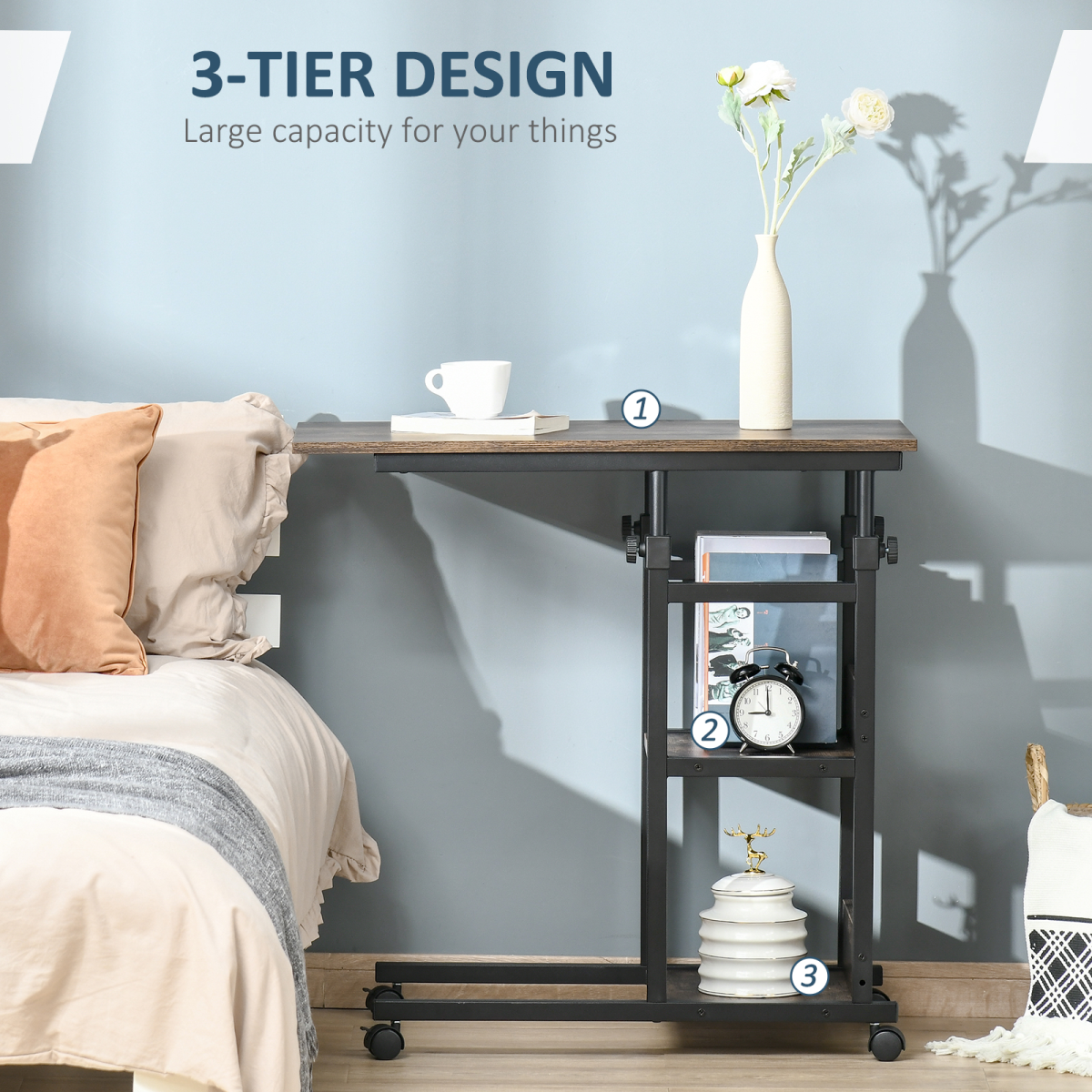 Adjustable C-Shaped Mobile Sofa Side Table with 3-Tier and Brakes
