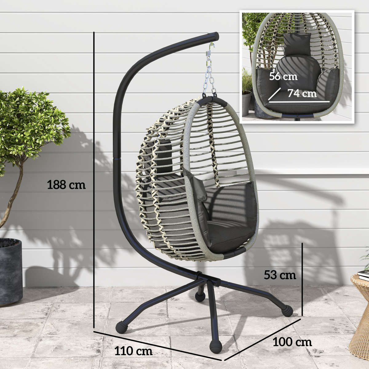 Outsunny Padded Folding Basket Chair with Cup Holders, Dark Grey