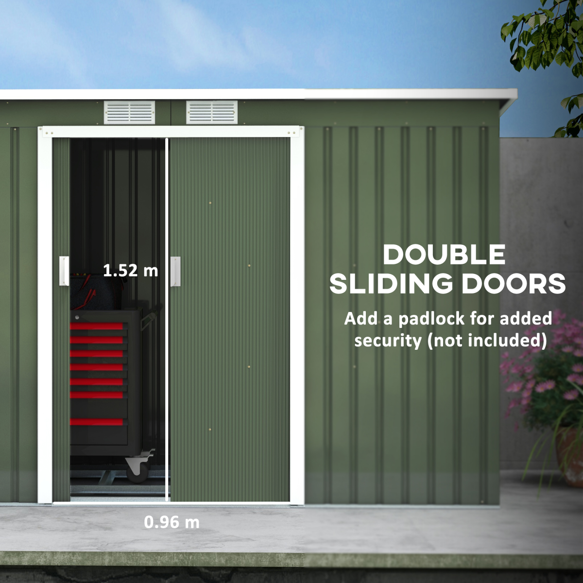 Outsunny 9ft x 4.25ft Corrugated Metal Shed with Foundation, Vent Windows, Sliding Lockable Double Doors, Green