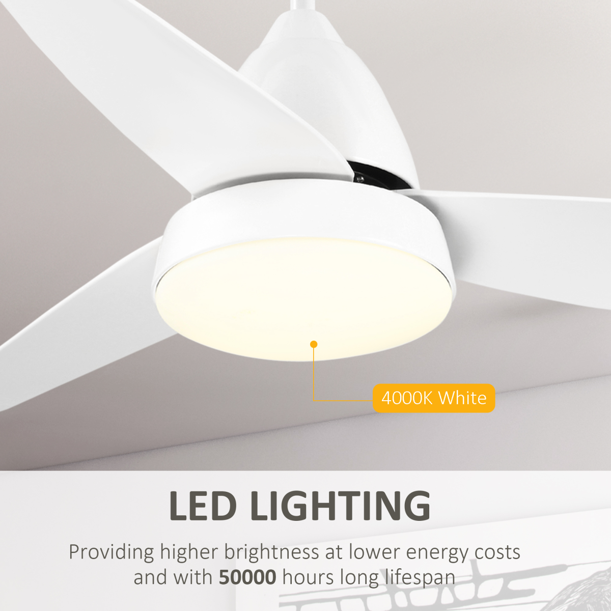 HOMCOM Reversible Ceiling Fan with Light, 3-Blade White, 6-Speed Remote Control, 4000K LED Light