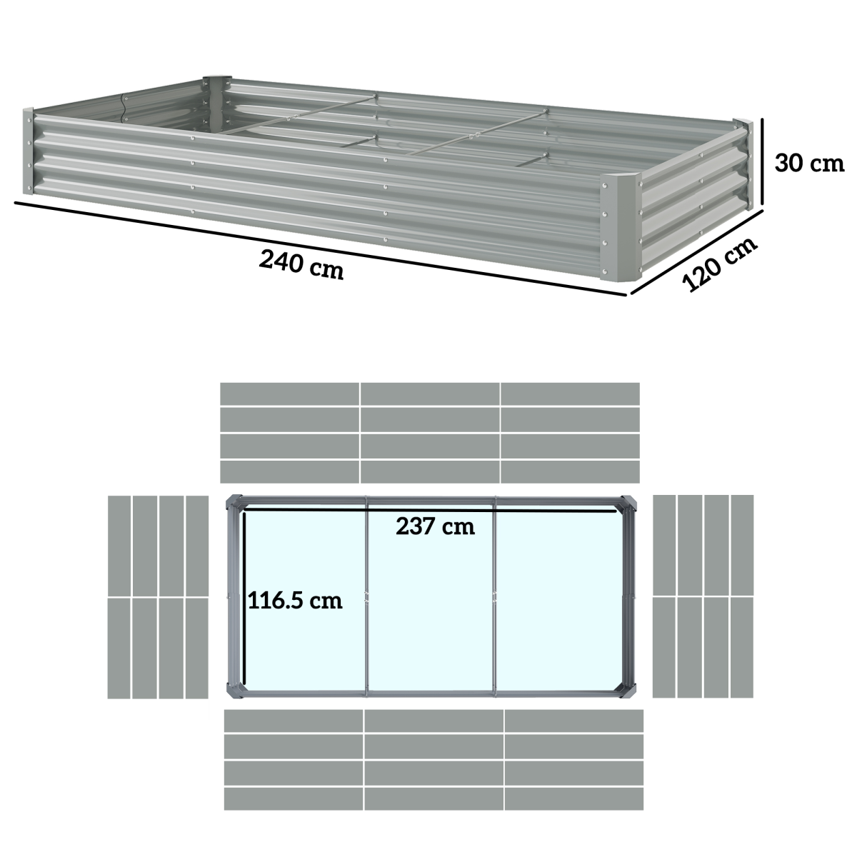Outsunny Galvanised Raised Garden Bed 240x120x30cm, Silver Grey