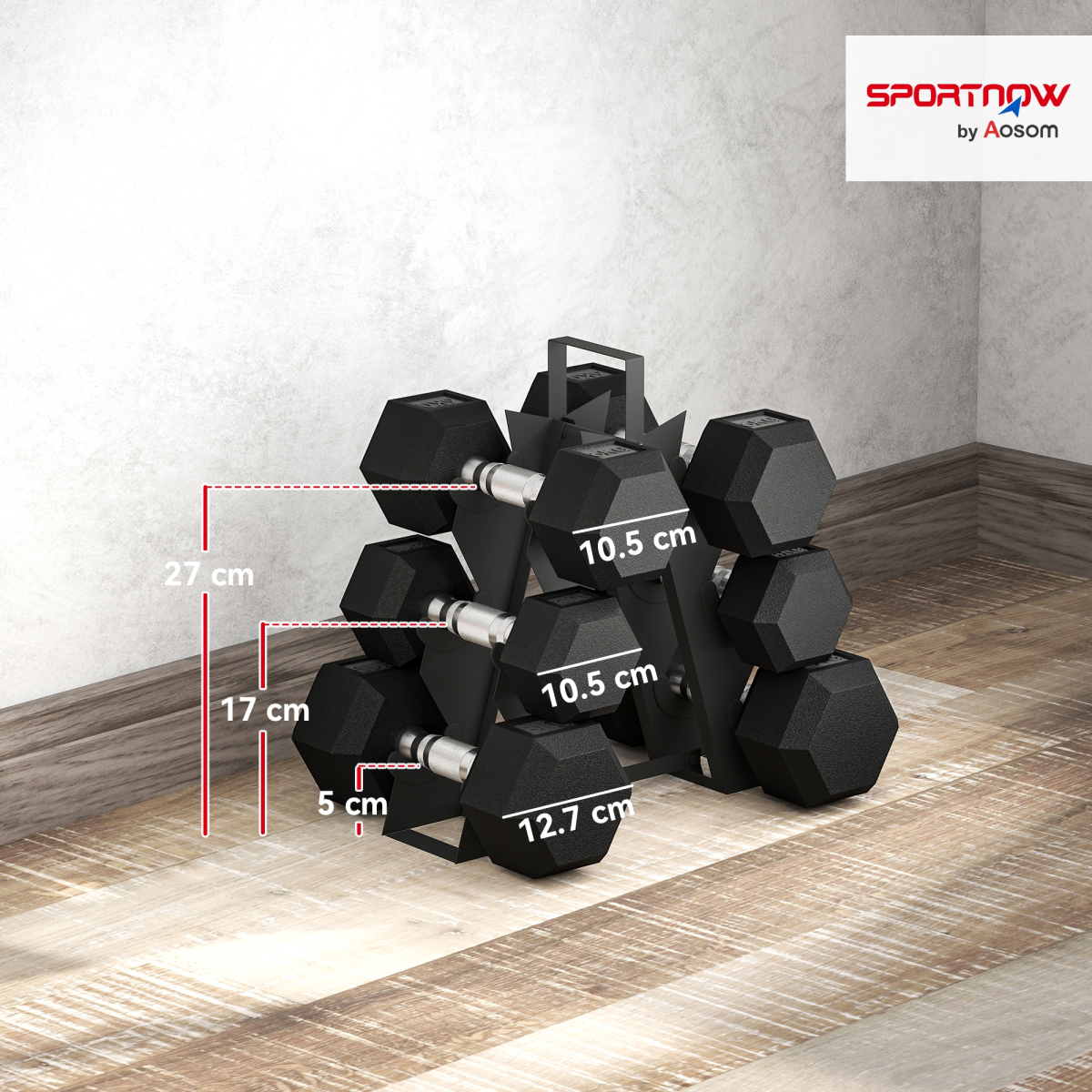 SPORTNOW 36KG Hex Dumbbell Set with Rack, Rubber Coated Cast Iron
