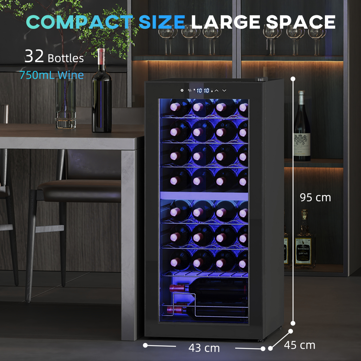 HOMCOM 86L Dual Zone Wine Cooler, 32-Bottle, Adjustable Temp, Black
