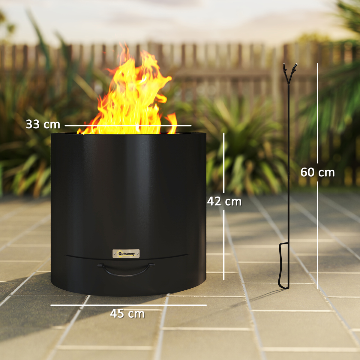 Outsunny Round Steel Fire Pit with Ash Tray and Poker, Black