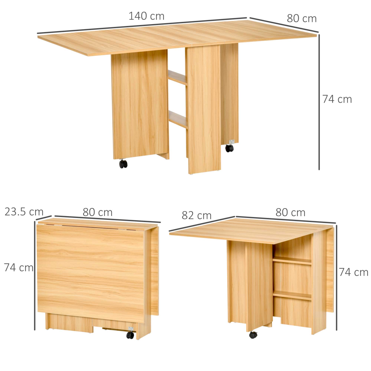 HOMCOM Foldable Dining Table with Storage Shelves, Teak