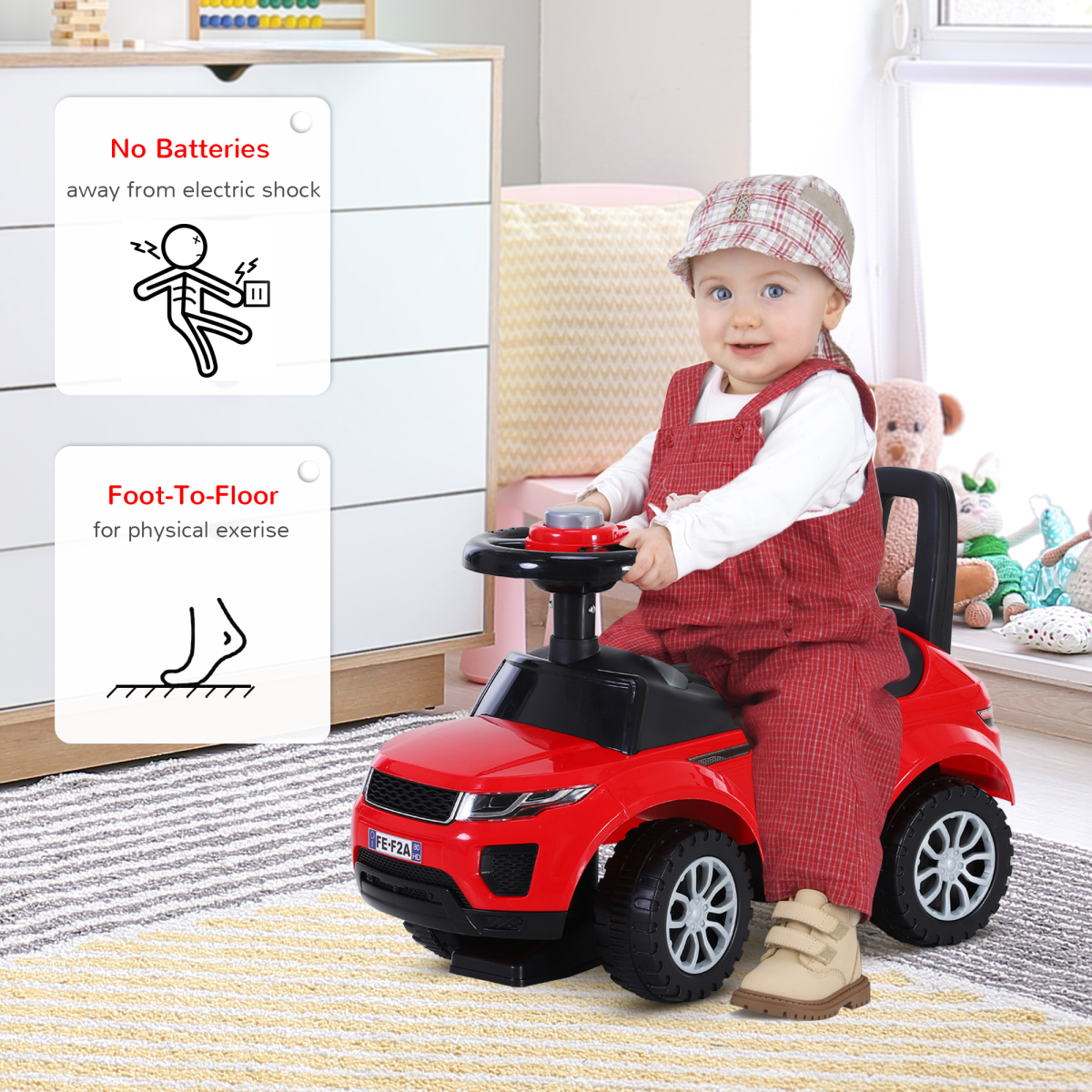 HOMCOM 3-in-1 Foot-to-Floor Ride On Car Toddler Slider with Steering Wheel and Horn, Red