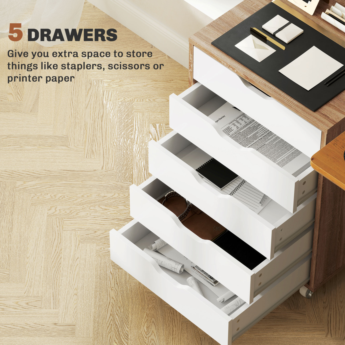 Vinsetto 5-Drawer Mobile File Cabinet with Wheels, Brown
