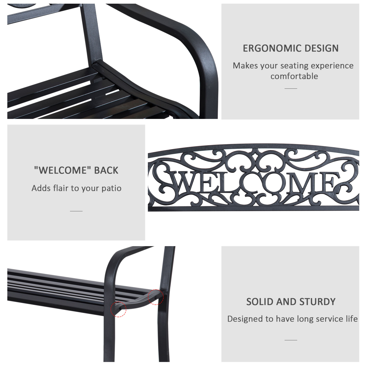 Outsunny 2-Seater Steel Garden Bench, Black
