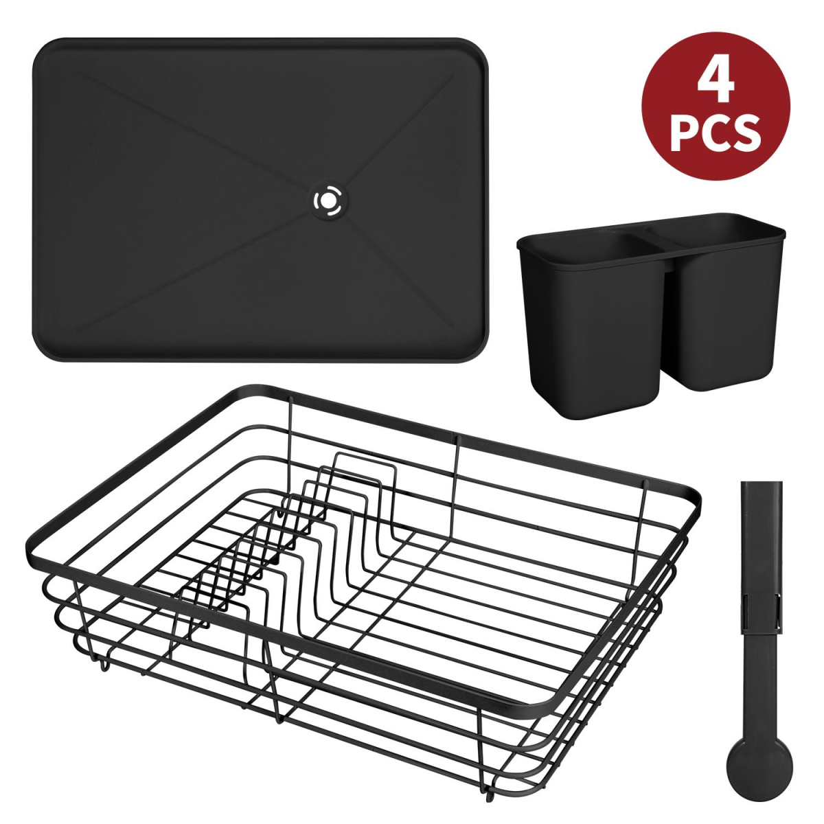 Vinsani Black Stainless Steel Dish Rack with Drip Tray and Utensil Holder