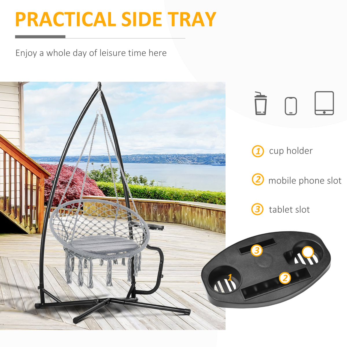 Outsunny Hammock Chair Stand with Side Table, Heavy Duty Metal C-Stand for Indoor or Outdoor Use
