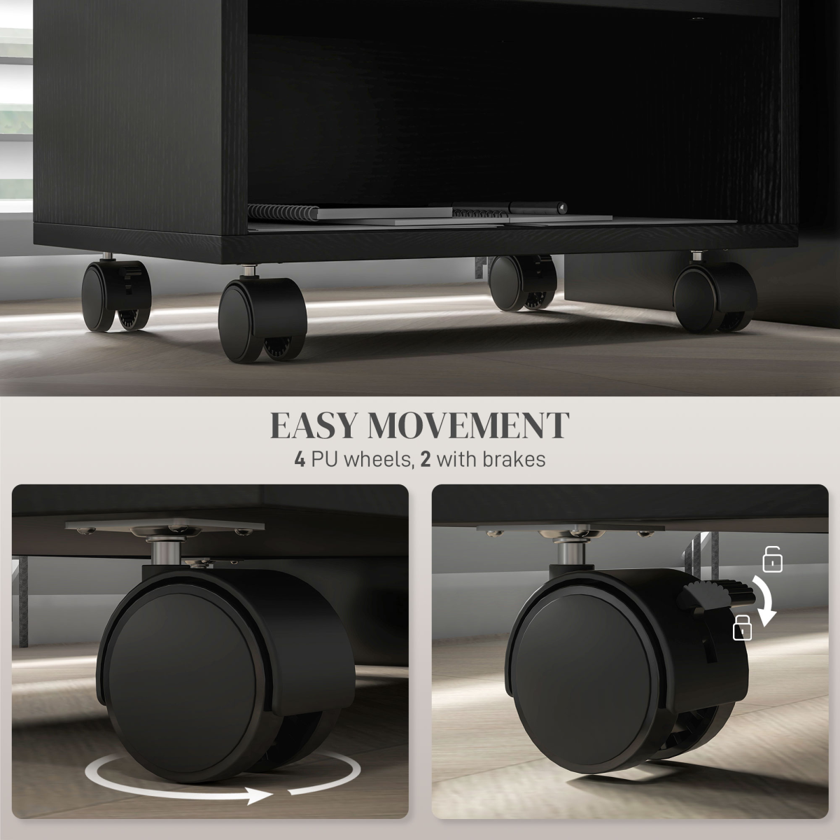 HOMCOM 3-Compartment Printer Stand on Wheels with Brakes, Black