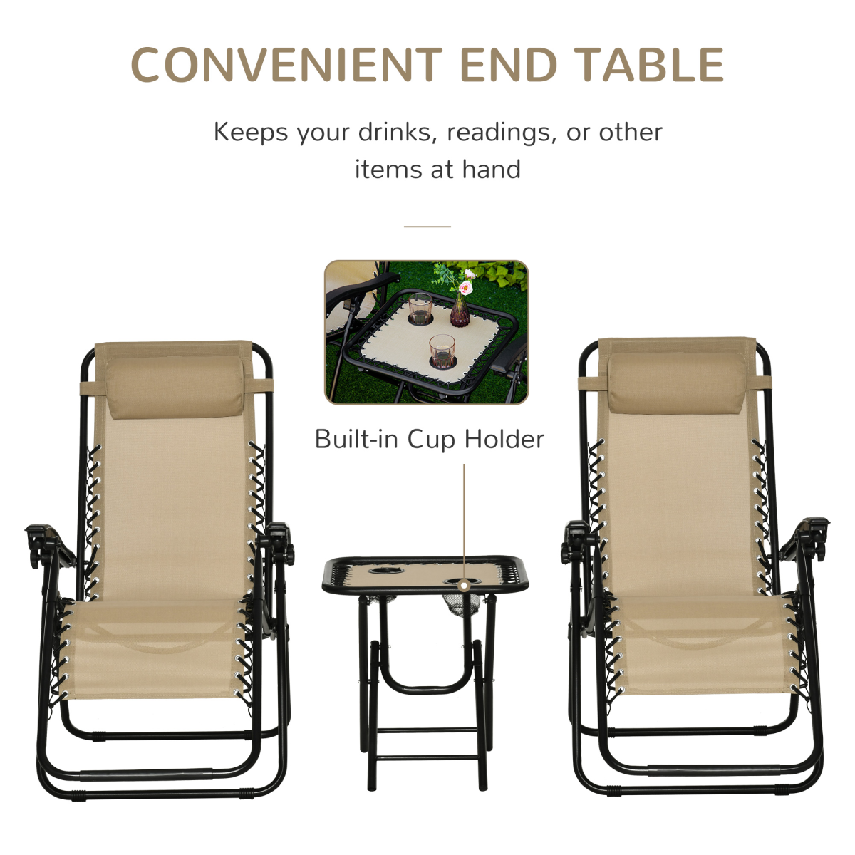 Outsunny 3-Piece Zero Gravity Sun Lounger Chair and Side Table Set with Cup Holders, Beige