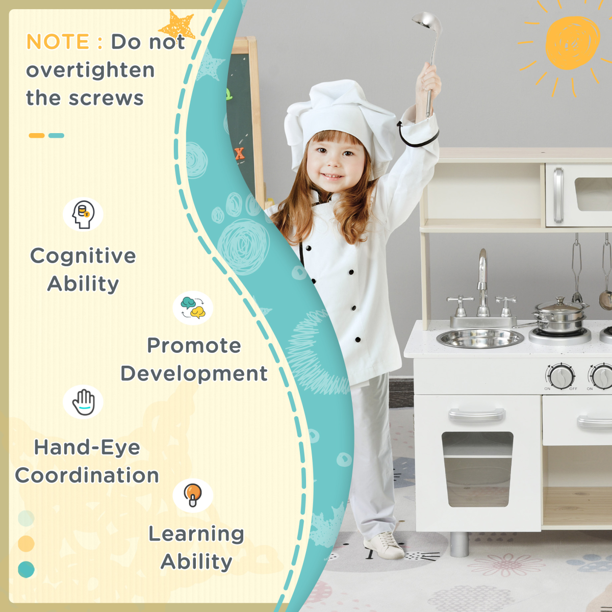 HOMCOM White Kids Kitchen Playset with Accessories, Pretend Cooking Set, Sink, Induction Cooker, Telephone and Water Dispenser