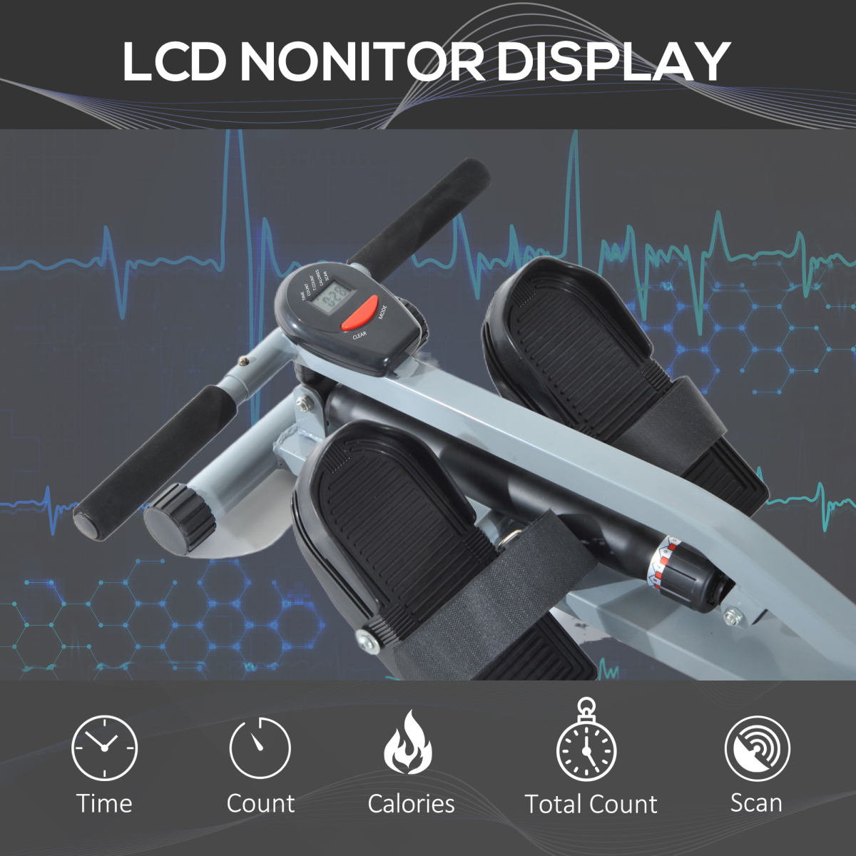 12-Level Adjustable Resistance Rowing Machine with LCD Monitor, Padded Seat and Non-Slip Handlebars for Full Body Workout