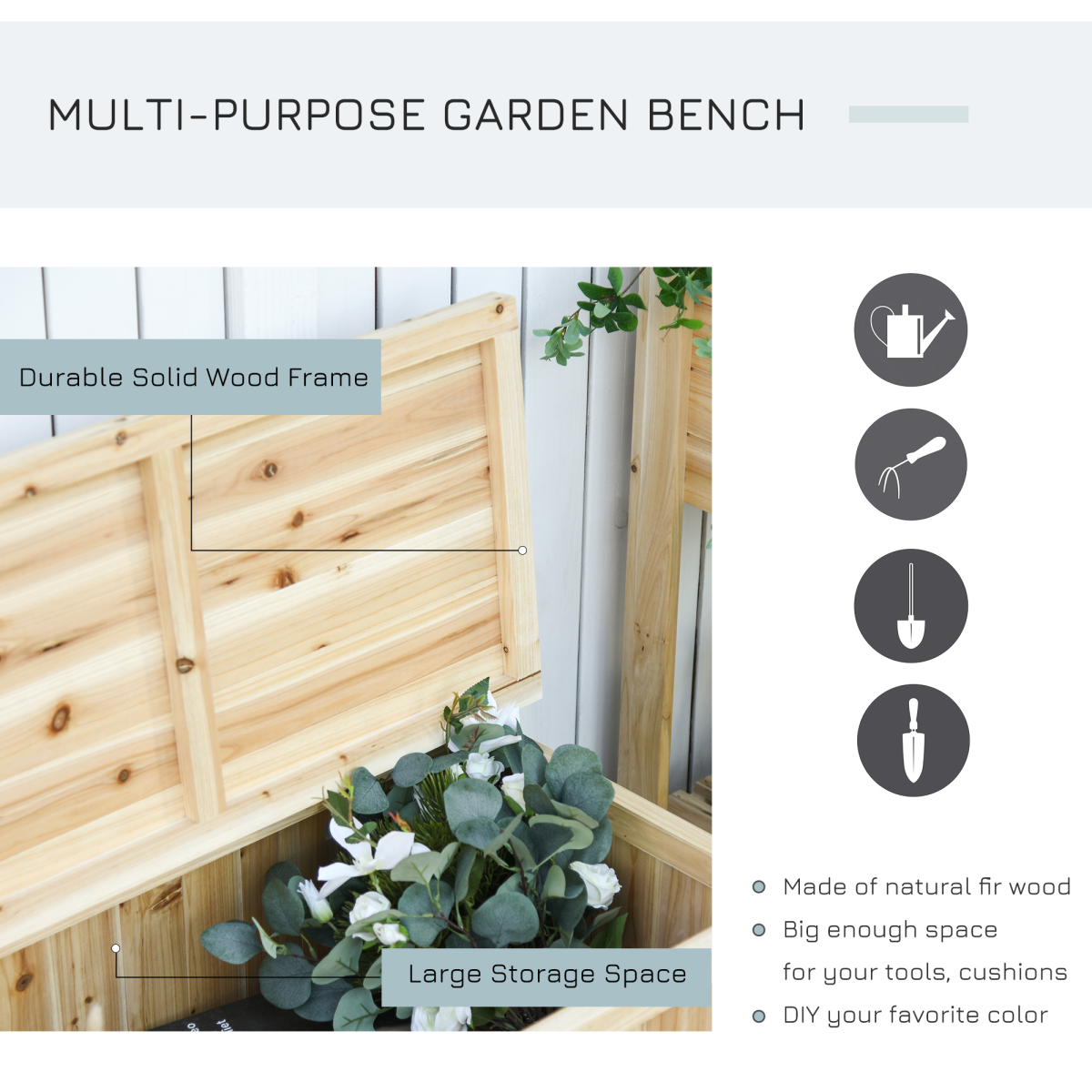 Outsunny Wooden Garden Storage Bench, Ergonomic Outdoor Seating for 2 People, 250kg Max Load, Fir Wood with Varnished Finish