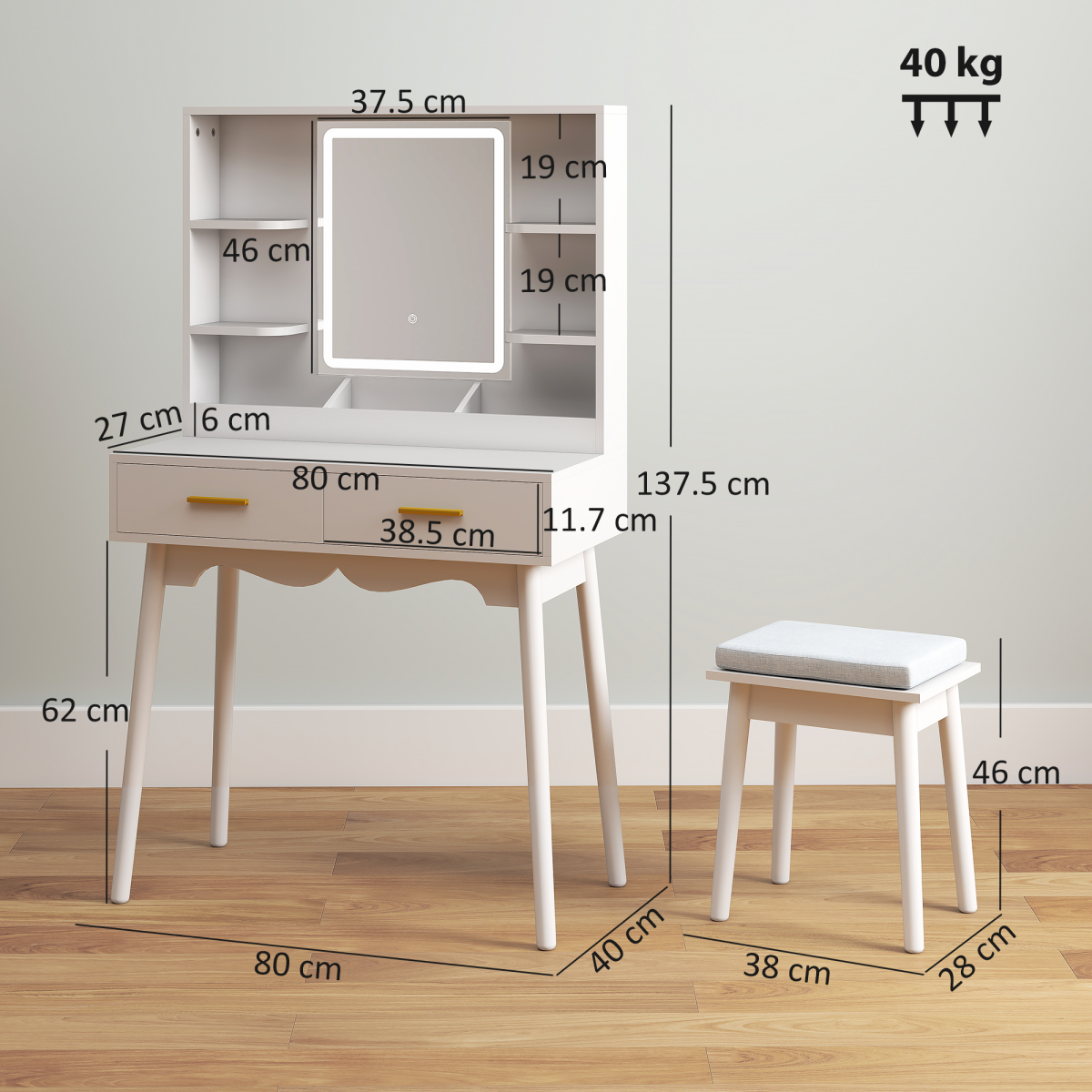 HOMCOM White Dressing Table with LED Mirror, Stool & Storage
